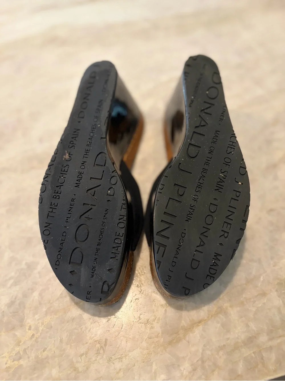 Donald J. Pliner Black Patent Leather & Cork Slide Wedges